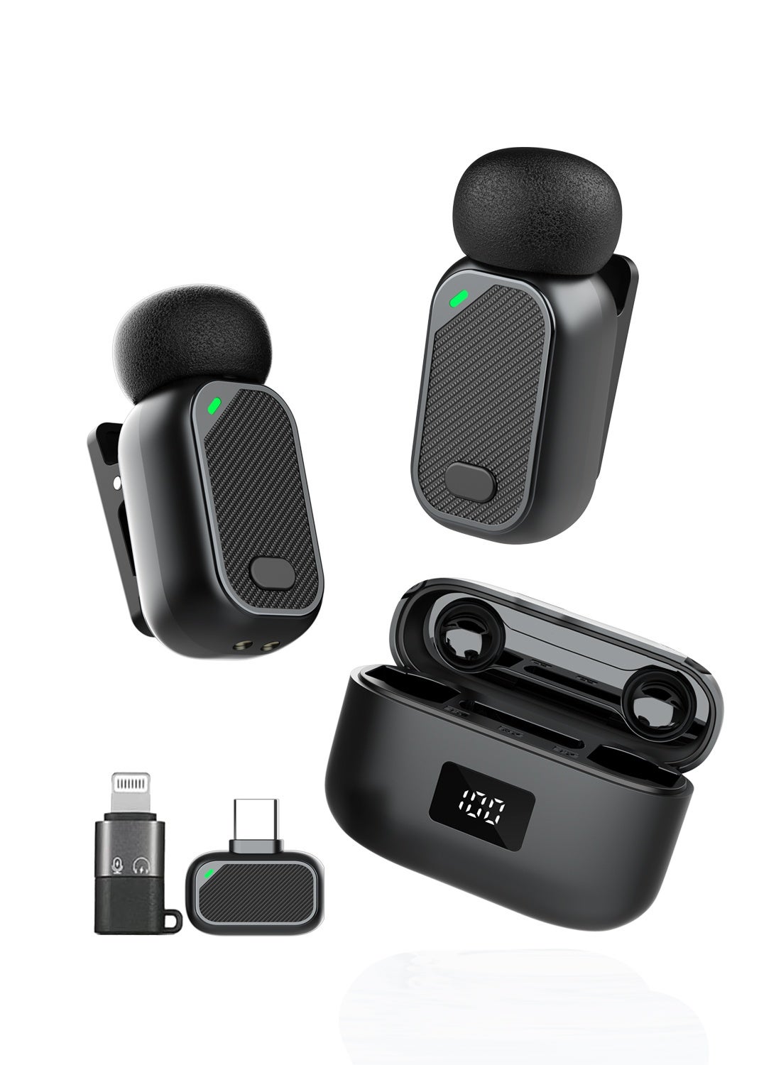 Mini wireless lapel microphone, weighing just 5g, with windshield, compatible with Android/tablets/PCs, featuring a USB-C plug, noise reduction, 30-hour battery life with charging case, lapel microphone for wireless video recording and podcasting.