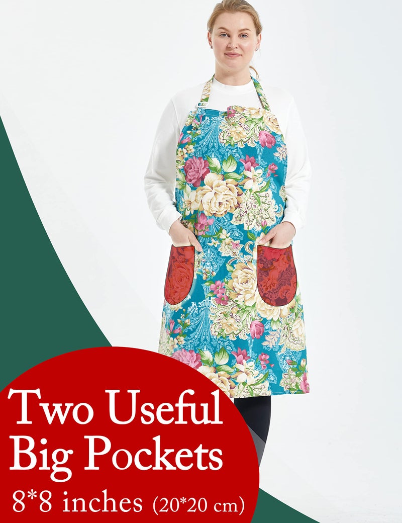 APRONNER Cotton Linen Baking Plus Size Aprons for Women with Pockets Kitchen Cooking Flower of Wealth - Image 3