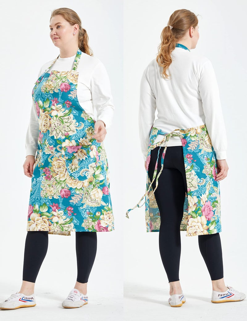 APRONNER Cotton Linen Baking Plus Size Aprons for Women with Pockets Kitchen Cooking Flower of Wealth - Image 5