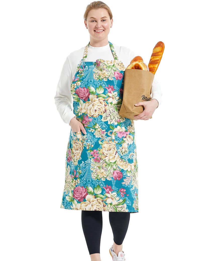 APRONNER Cotton Linen Baking Plus Size Aprons for Women with Pockets Kitchen Cooking Flower of Wealth - Image 1