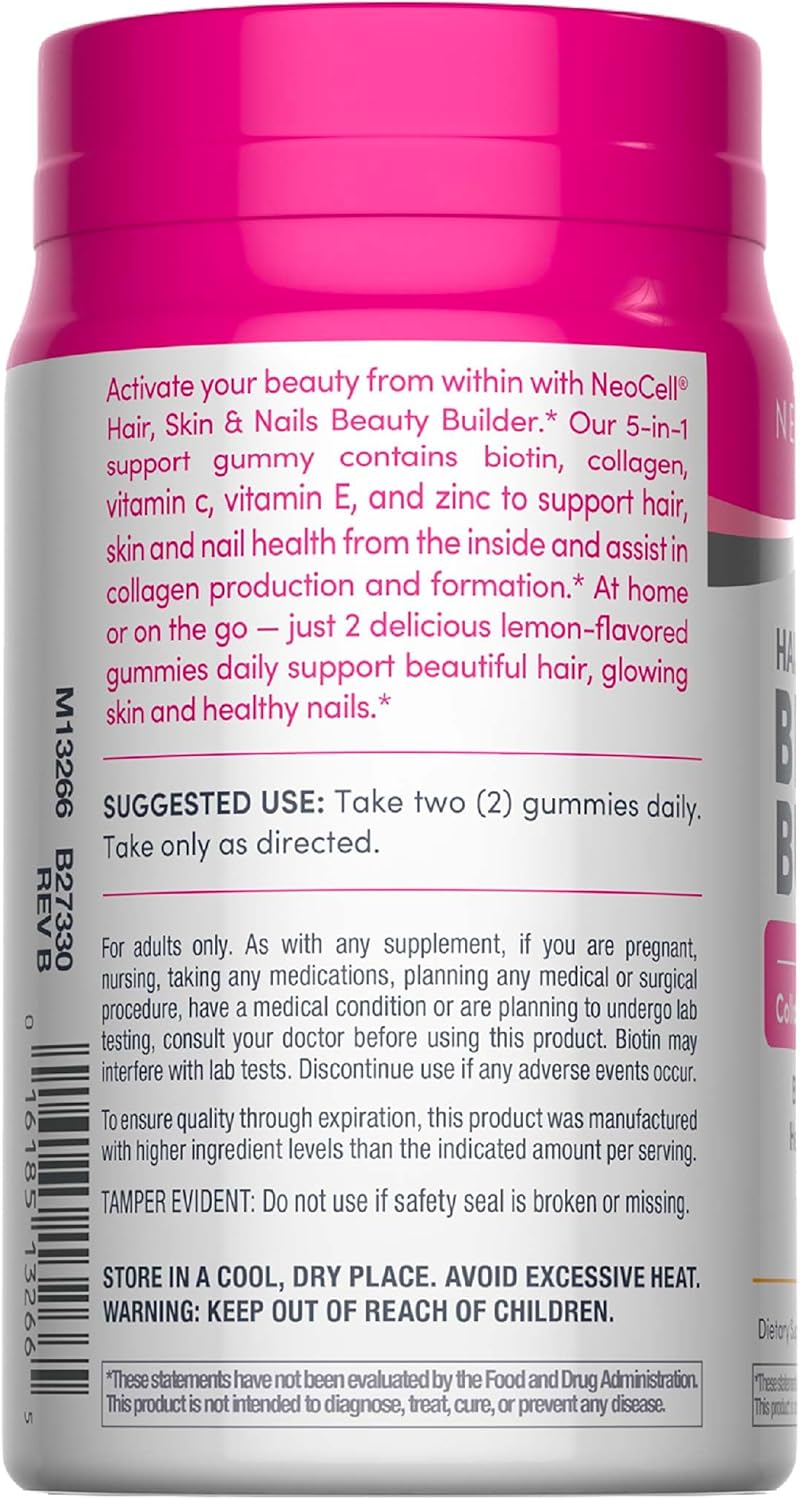 نيوسيل NeoCell Hair, Skin and Nails Beauty Builder Gummies with Collagen, Biotin, and Vitamin C - Lemon Flavor, 60 Count - Image 3