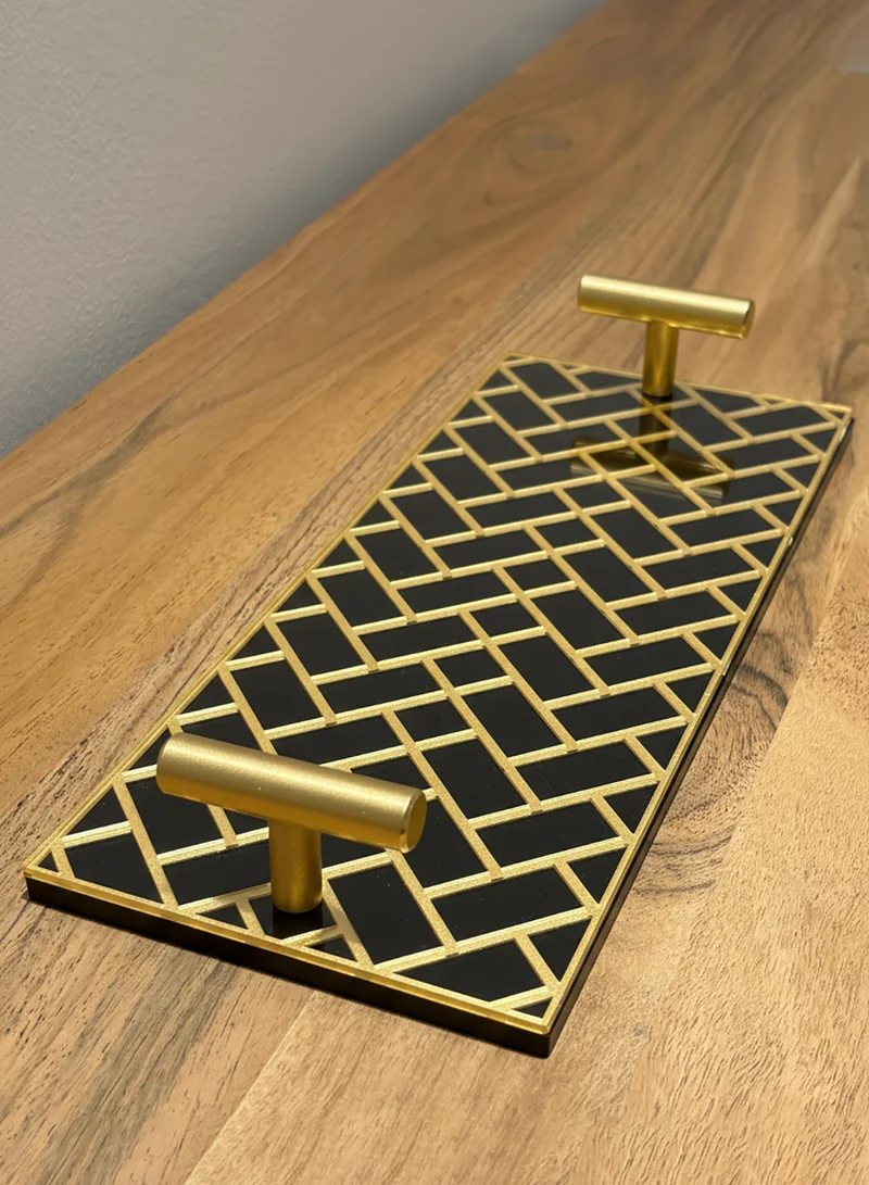 لوحة صينية تقديم من الأكريليك بتصميم مزخرف ومقابض معدنية ذهبية اللون