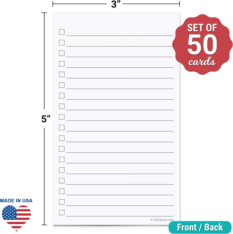 321Done Checklist Cards (Set of 50) 3" x 5" - Double Sided Index Cards - Notecards with to Do Checkboxes - Thick Card Stock - Made in The USA - Image 2