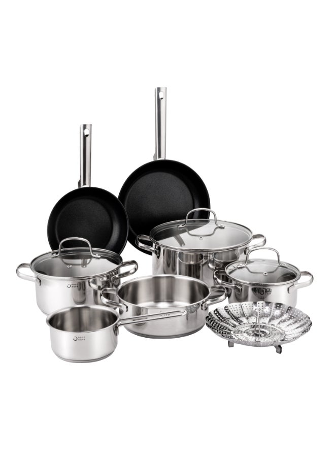 ايست من نون 11 Piece Triply Stainless Steel Cookware Set, set includes 1x14cm Saucepan, 1x16cm Casserole with lid, 1x20cm Casserole with lid, 1x20cm Low Casserole, 1x Foldable Steamer, 1x24cm Casserole with Lid, 1x20cm non-stick covered Frypan, 1x24cm non-stick covered Frypan, Induction Compatible, Dishwasher Safe - Image 1