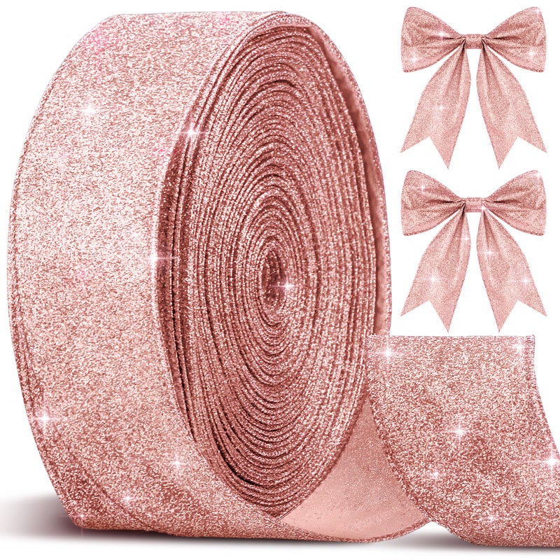 Cindeer 50 Yards Halloween Glitter Rose Gold Ribbon 25 Inch Christmas Diamond Bling Wired Edge Ribbon Holiday Fabric Bow Decorative for Home Festival Party Gift Wrapping Present DIY Crafts - Image 3