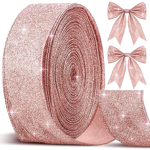 Cindeer 50 Yards Halloween Glitter Rose Gold Ribbon 25 Inch Christmas Diamond Bling Wired Edge Ribbon Holiday Fabric Bow Decorative for Home Festival Party Gift Wrapping Present DIY Crafts - Image 1