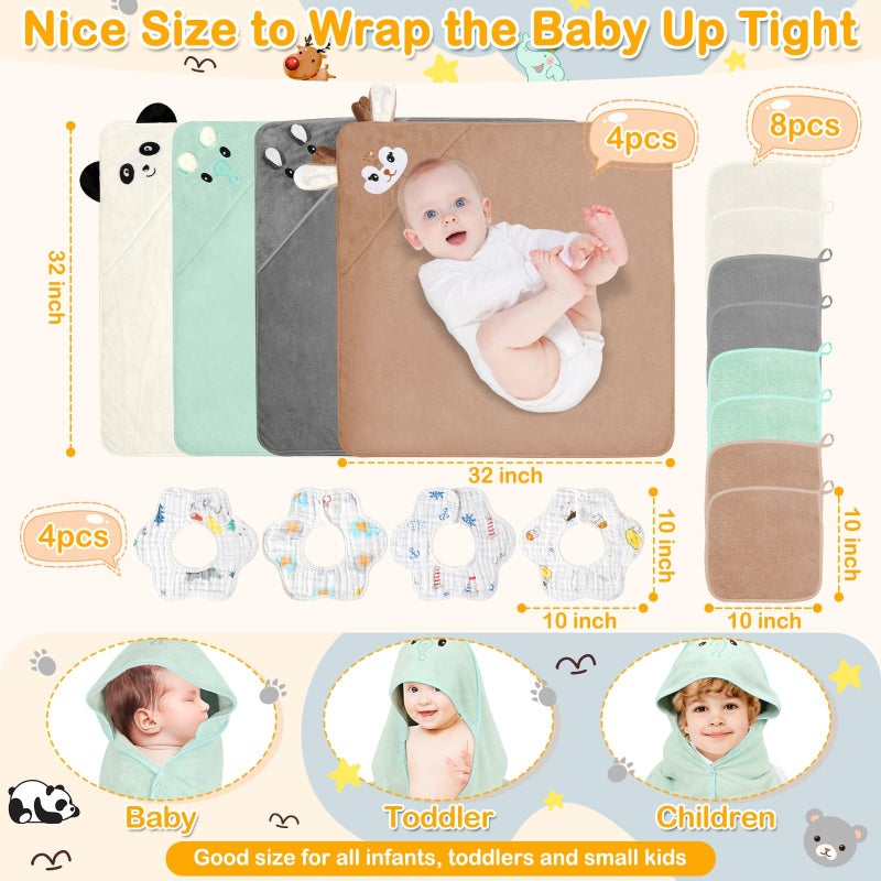 Flasoo 16 Pcs Baby Towels Set for Infants Toddlers, 4 Pcs Hooded Bath Towels, 4 Pcs Baby Bibs & 8 Pcs Washcloths Set, Absorbent Soft Newborn Gift for Boys & Girls-Elephants, Pandas, Bears & Moose - Image 3