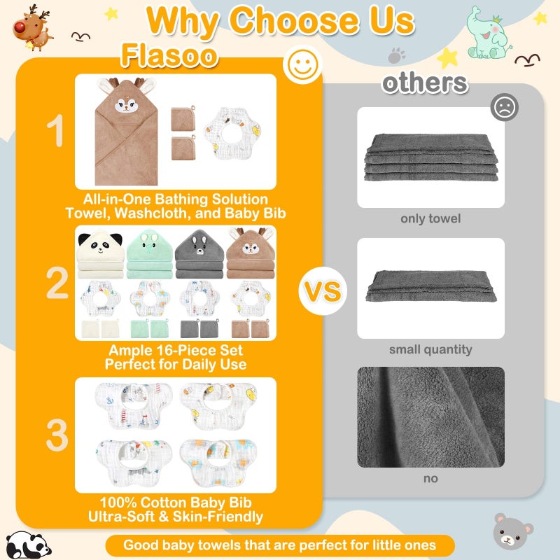 Flasoo 16 Pcs Baby Towels Set for Infants Toddlers, 4 Pcs Hooded Bath Towels, 4 Pcs Baby Bibs & 8 Pcs Washcloths Set, Absorbent Soft Newborn Gift for Boys & Girls-Elephants, Pandas, Bears & Moose - Image 2