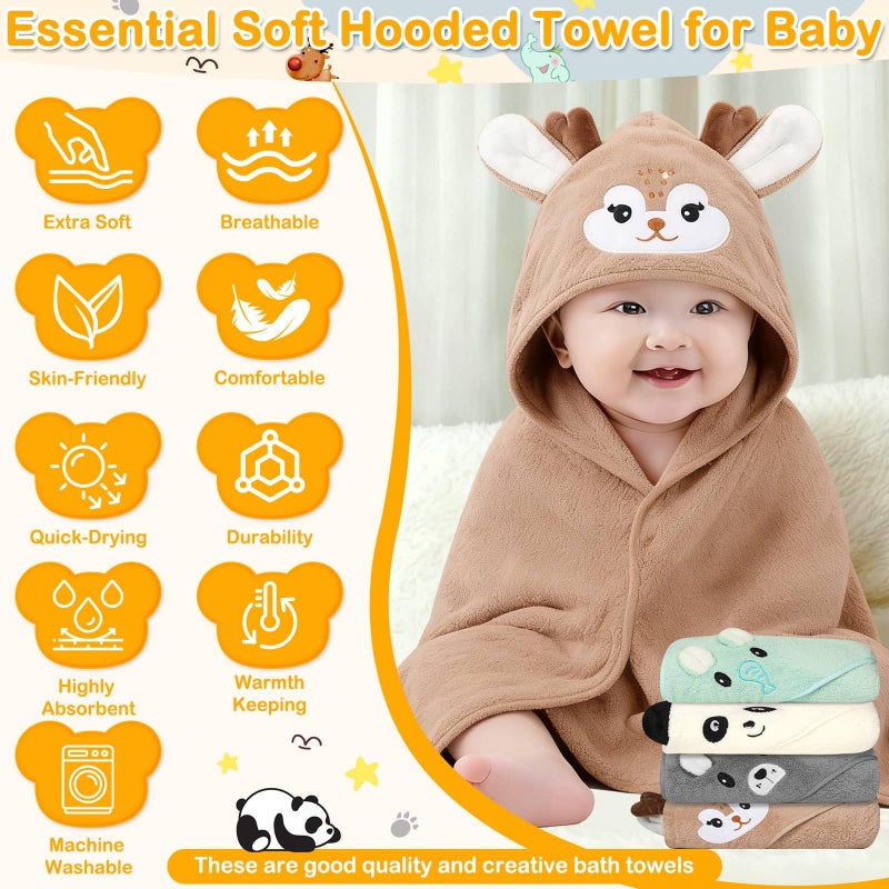 Flasoo 16 Pcs Baby Towels Set for Infants Toddlers, 4 Pcs Hooded Bath Towels, 4 Pcs Baby Bibs & 8 Pcs Washcloths Set, Absorbent Soft Newborn Gift for Boys & Girls-Elephants, Pandas, Bears & Moose - Image 4