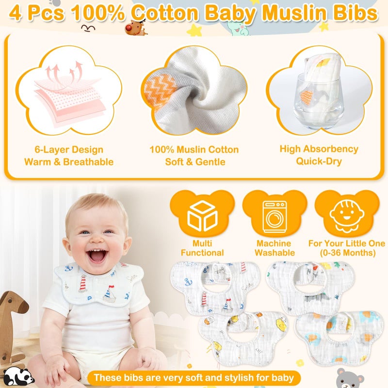 Flasoo 16 Pcs Baby Towels Set for Infants Toddlers, 4 Pcs Hooded Bath Towels, 4 Pcs Baby Bibs & 8 Pcs Washcloths Set, Absorbent Soft Newborn Gift for Boys & Girls-Elephants, Pandas, Bears & Moose - Image 5