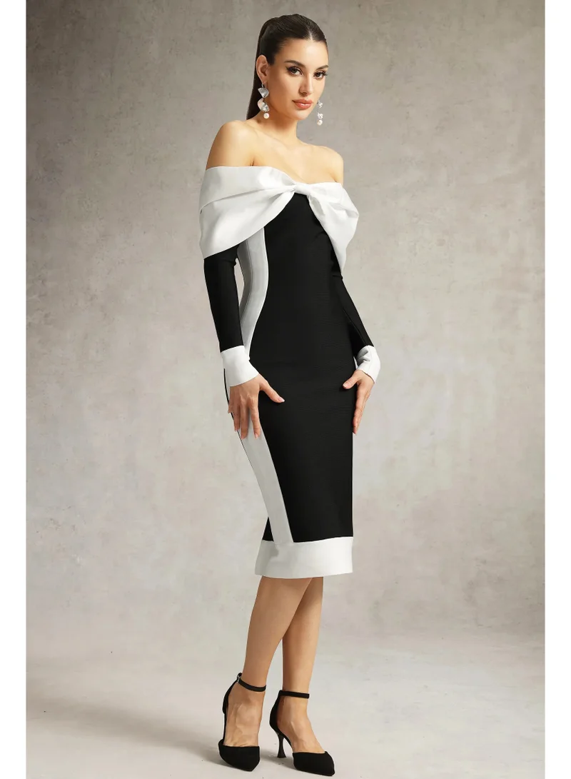 Bella Barnett  Oria Off Shoulder Bow Bandage Midi Dress for Women | Best Price UAE