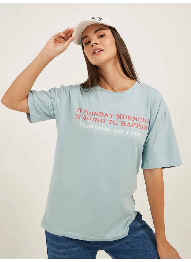 ستايلي Styli Slogan Print Short Sleeve Oversized T-Shirt