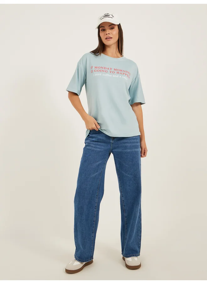 ستايلي Styli Slogan Print Short Sleeve Oversized T-Shirt