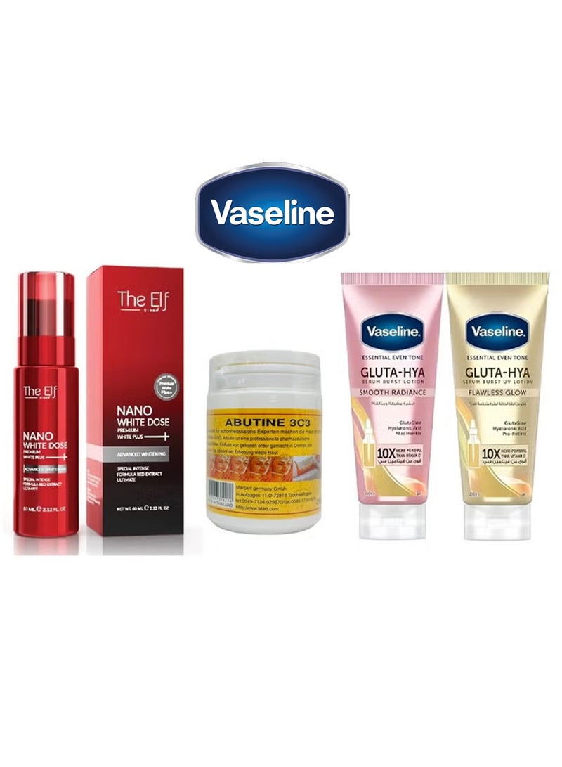 Vaseline Gluta-Hya Serum Burst Lotion (Smooth Radiance / Flawless Glow) & The Elf Nano White Dose Premium White Plus Serum 60ml & Abutine 3C3 Skin Whitening Cream 250gm & Gluta-Hya Serum Burst Lotion Smooth Radiance - Set