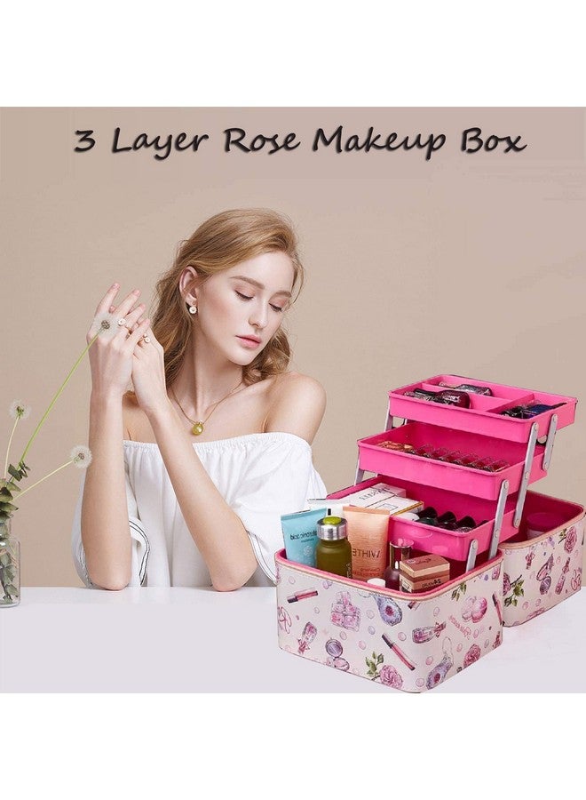 SIBY Pu Leather Vanity Box For Bride | 3 Layer Professional Cosmetic Makeup Kit Storage Organizer | Travel Toiletry Makeup Box For Women | Vanity Case For Cosmetic Beauty Organizer, Pink - Image 3