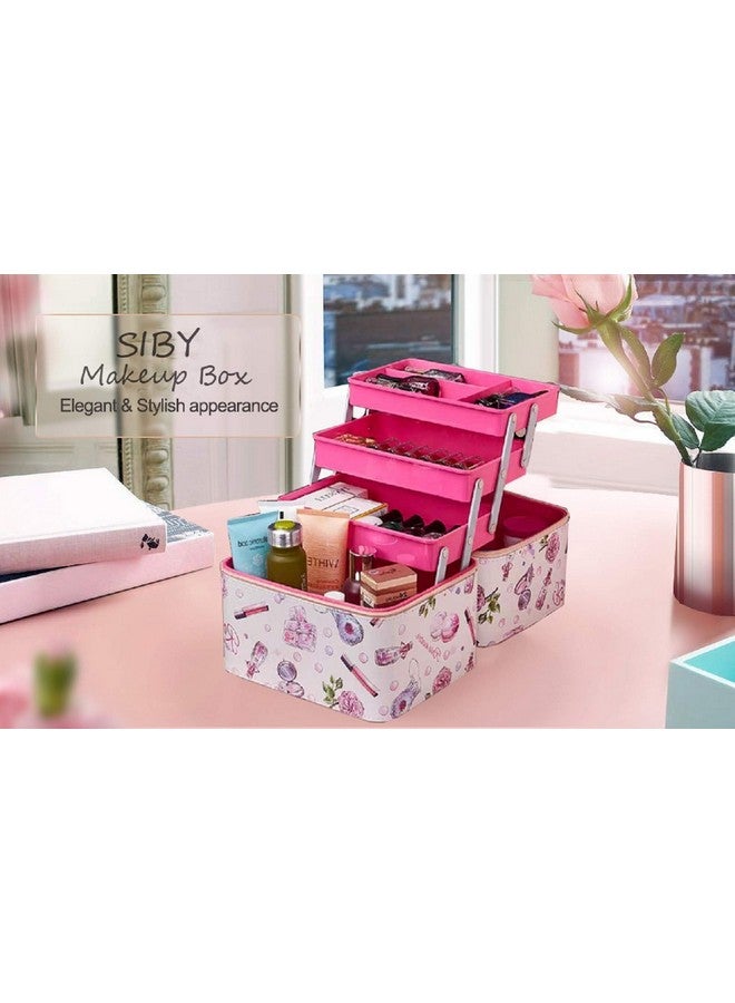 SIBY Pu Leather Vanity Box For Bride | 3 Layer Professional Cosmetic Makeup Kit Storage Organizer | Travel Toiletry Makeup Box For Women | Vanity Case For Cosmetic Beauty Organizer, Pink - Image 2