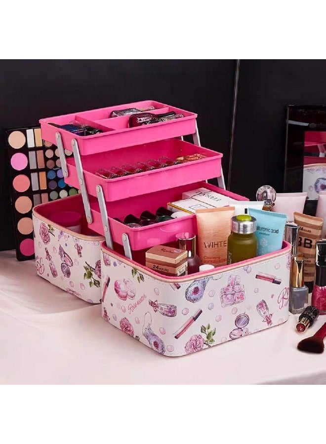 SIBY Pu Leather Vanity Box For Bride | 3 Layer Professional Cosmetic Makeup Kit Storage Organizer | Travel Toiletry Makeup Box For Women | Vanity Case For Cosmetic Beauty Organizer, Pink - Image 1