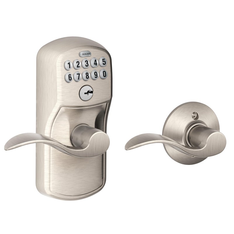 SCHLAGE FE575 PLY 619 Acc Plymouth Keypad Entry with Auto-Lock and Accent Levers, Satin Nickel - Image 1