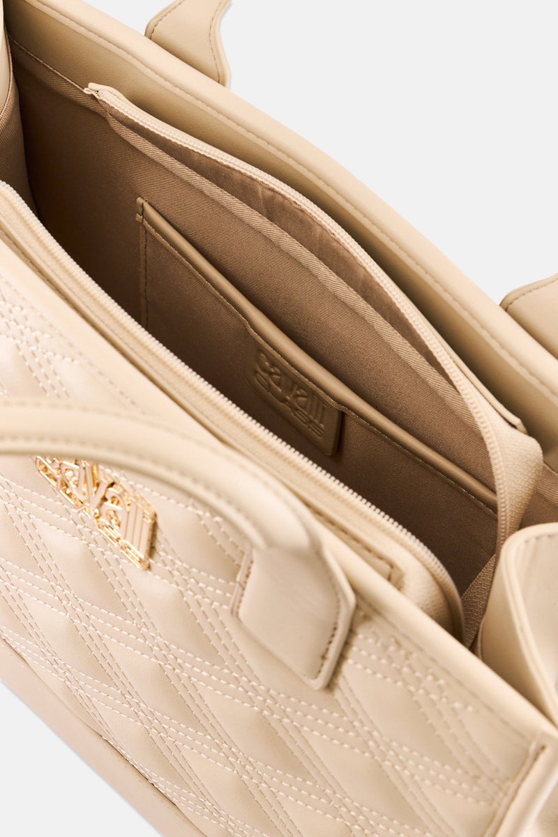 Cavalli Class Women Brand Logo Tote Bag, Beige - Image 4