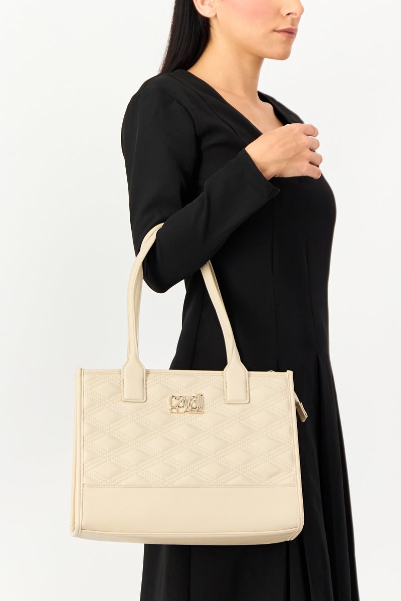 Cavalli Class Women Brand Logo Tote Bag, Beige - Image 2