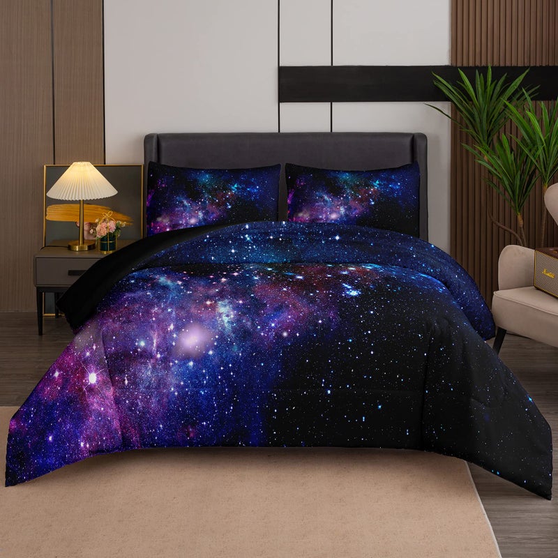 Tailor Shop Galaxy Comforter Set Universe Outer Space Blue and Purple Starry Sky Night Pattern Bedding Set for Girls Boys Kids Queen Size with 1 Comforter 2 Pillowcases