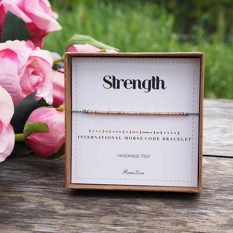 RareLove Strength Morse Code Bracelets Be Strong Inspirational Encouragement Friendship Gift For Women Tiny Beads Grey String Bracelet - Image 2
