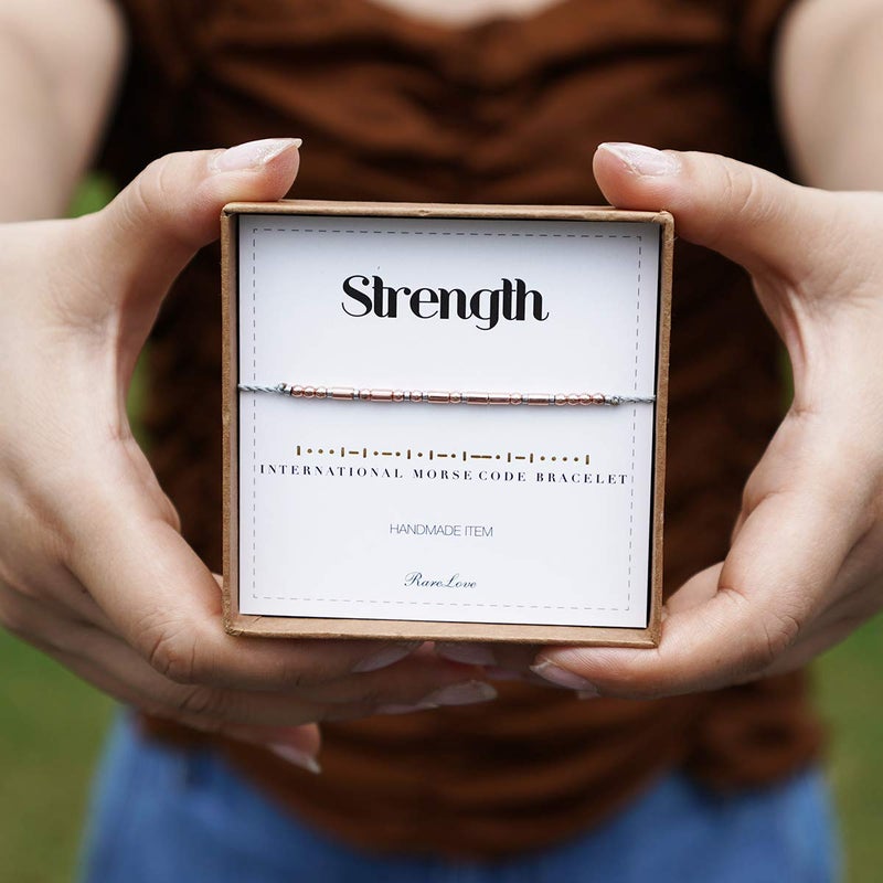 RareLove Strength Morse Code Bracelets Be Strong Inspirational Encouragement Friendship Gift For Women Tiny Beads Grey String Bracelet - Image 3