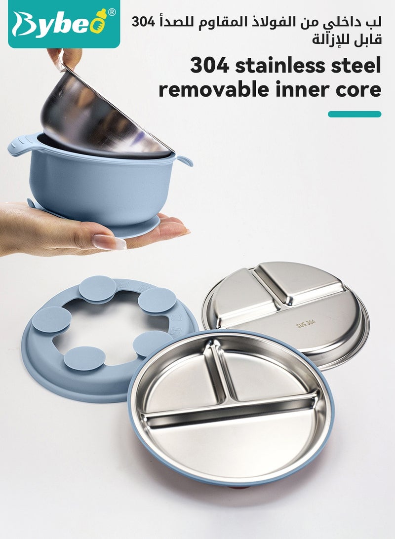 Bybeo 5 PCS Baby Feeding Set,Stainless Steel Suction Plates and Bowls with Silicone Fork and Spoon Utensils,Infant Feeding Supplies,Baby Led Weaning Set for Newborns,Toddlers - Image 3
