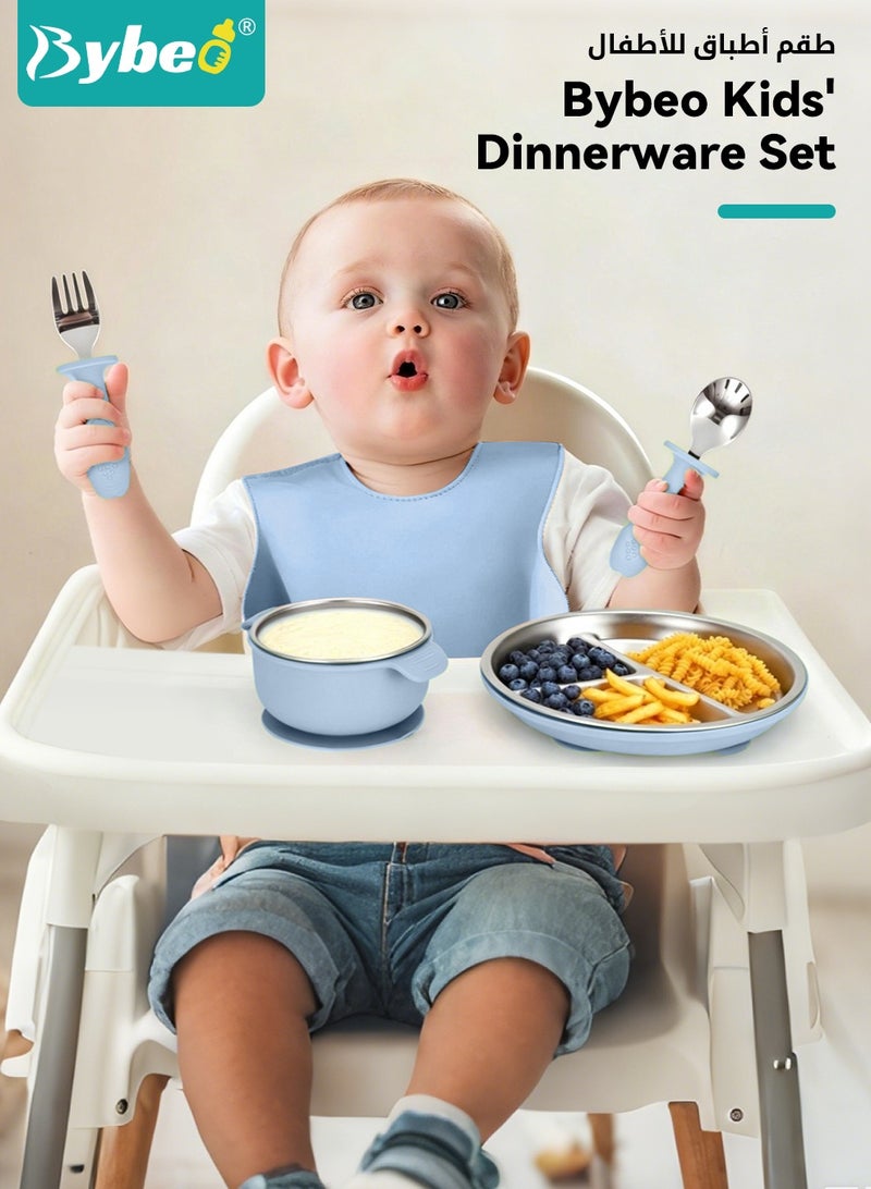 Bybeo 5 PCS Baby Feeding Set,Stainless Steel Suction Plates and Bowls with Silicone Fork and Spoon Utensils,Infant Feeding Supplies,Baby Led Weaning Set for Newborns,Toddlers - Image 2