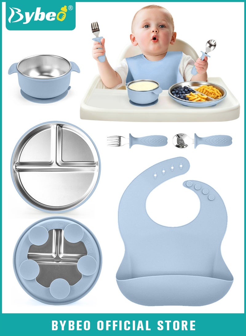 Bybeo 5 PCS Baby Feeding Set,Stainless Steel Suction Plates and Bowls with Silicone Fork and Spoon Utensils,Infant Feeding Supplies,Baby Led Weaning Set for Newborns,Toddlers - Image 1