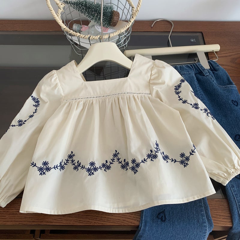 2024 Korean Kids Autumn Doll Shirt  Heart Denim Set Doll shirt 