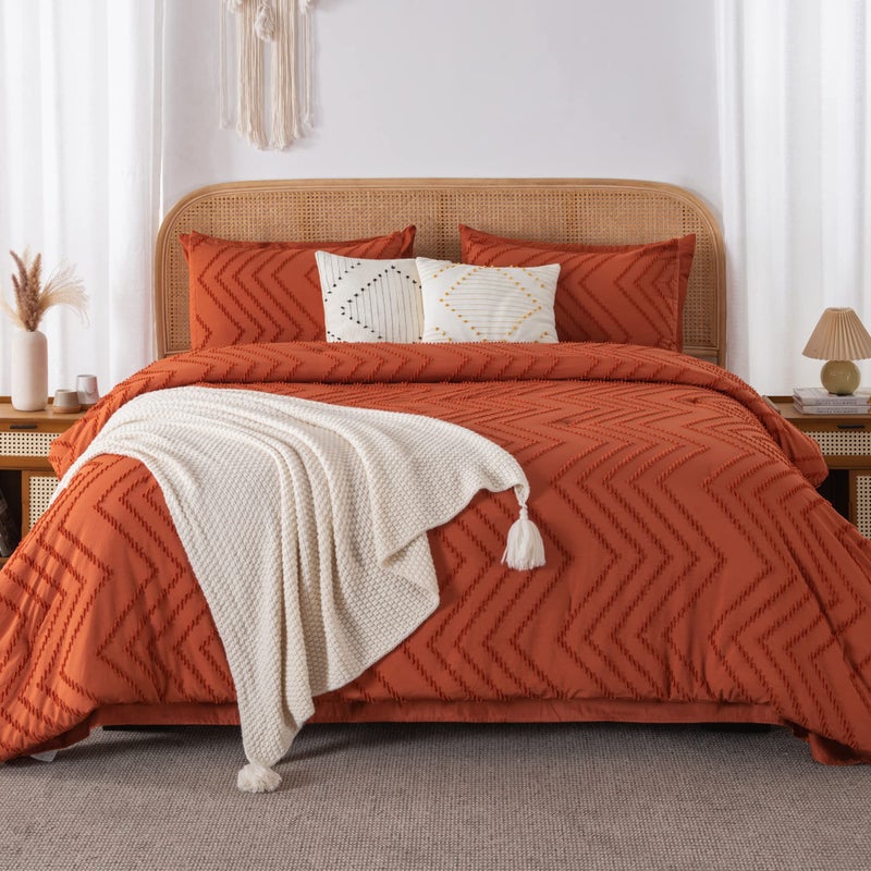 Litanika King Size Comforter Set with Sheets Burnt Orange 7 Pieces Bed in a Bag King Boho Terracotta Complete Bedding Sets Rust Lightweight Bed Set with Comforter Sheets Pillowcases Shams