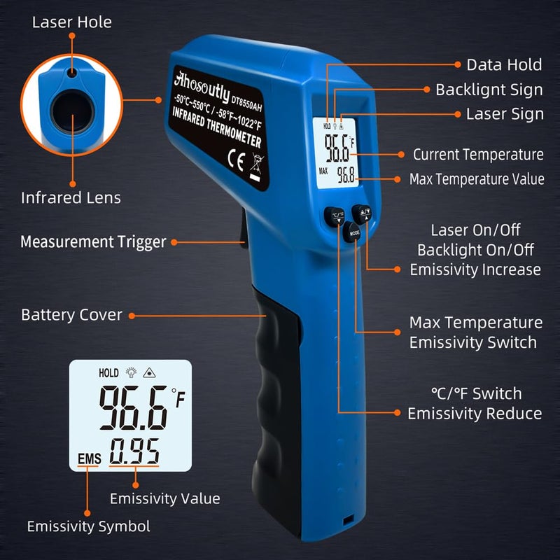 AHOSOUTLY Infrared Thermometer Temperature Gun - 58 ℉~1022 ℉ (- 50 ℃~550 ℃) Non-Contact Digital Laser Infrared Ir Thermometer for Cooking, Barbecue, Food, Repair (Blue) - Image 4