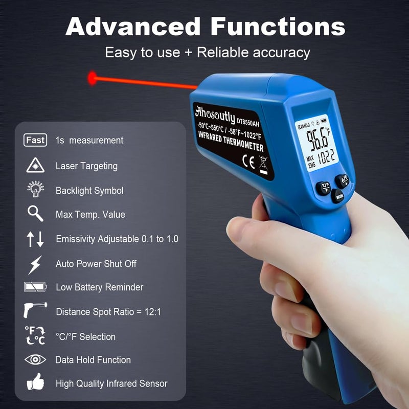 AHOSOUTLY Infrared Thermometer Temperature Gun - 58 ℉~1022 ℉ (- 50 ℃~550 ℃) Non-Contact Digital Laser Infrared Ir Thermometer for Cooking, Barbecue, Food, Repair (Blue) - Image 3