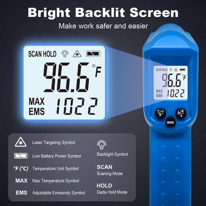 AHOSOUTLY Infrared Thermometer Temperature Gun - 58 ℉~1022 ℉ (- 50 ℃~550 ℃) Non-Contact Digital Laser Infrared Ir Thermometer for Cooking, Barbecue, Food, Repair (Blue) - Image 2