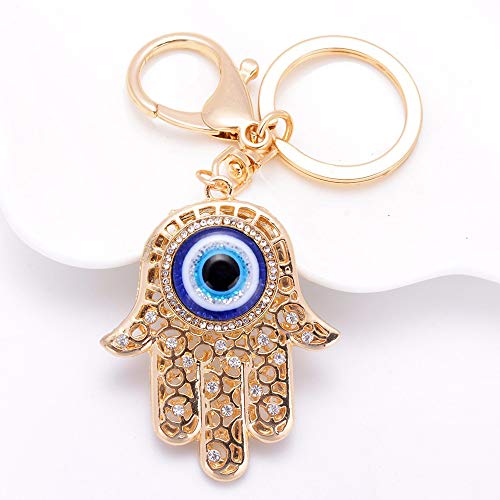 QTKJ Blue Evil Eye Hamsa Hand Keychain Crystal Keychain Charm Purse Pendant Handbag Bag Decoration Holiday (Gold) - Image 3