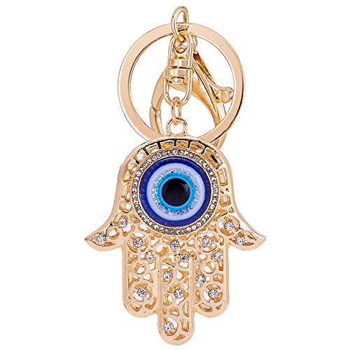 QTKJ Blue Evil Eye Hamsa Hand Keychain Crystal Keychain Charm Purse Pendant Handbag Bag Decoration Holiday (Gold) - Image 1