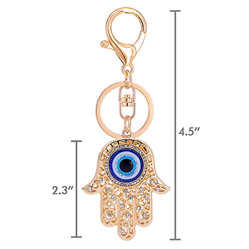 QTKJ Blue Evil Eye Hamsa Hand Keychain Crystal Keychain Charm Purse Pendant Handbag Bag Decoration Holiday (Gold) - Image 2