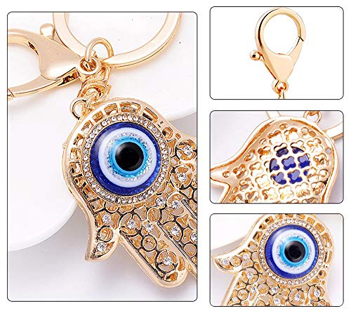 QTKJ Blue Evil Eye Hamsa Hand Keychain Crystal Keychain Charm Purse Pendant Handbag Bag Decoration Holiday (Gold) - Image 5