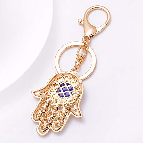 QTKJ Blue Evil Eye Hamsa Hand Keychain Crystal Keychain Charm Purse Pendant Handbag Bag Decoration Holiday (Gold) - Image 4