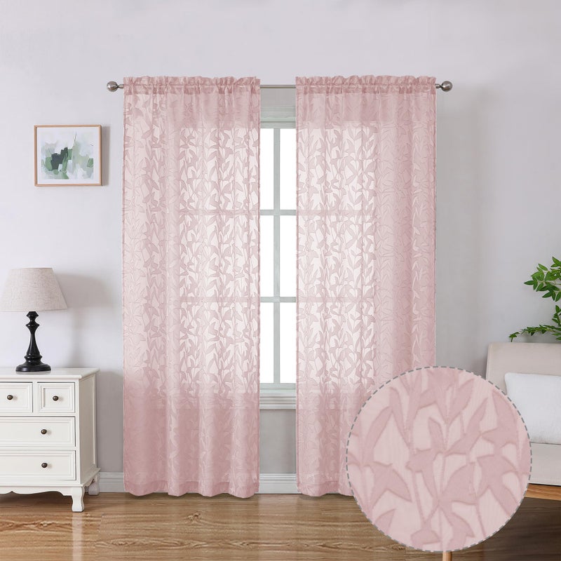 Lecloud Leia Semi Sheer Pink Curtains for Girls Bedroom 72 Inches Length 2 Panels Airy Breathable Clip Textured Leaf Voile Blush Curtain with Dual Rod Pockets Living Room Window Drapes 38x72 Inch