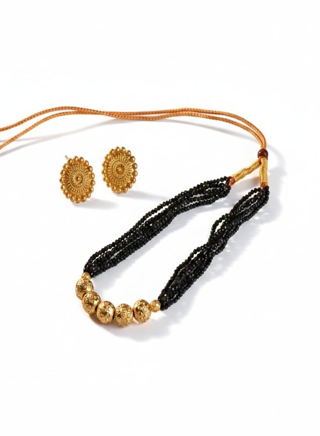 AAIKU Crystal Bead Mala Necklace with Gold Tone Ball Beads, 6 Line Multi-Color Traditional Jewelry, 18 Inch Adjustable Thread for Women and Girls (Black) - Image 1