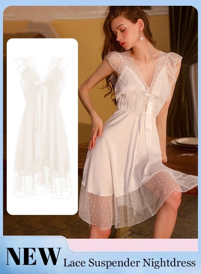 NIBEMINENT Ladies Pajamas Ladies V Neck Design Home Wear Lace Bow Elements with Hollow Design on The Back - Image 1