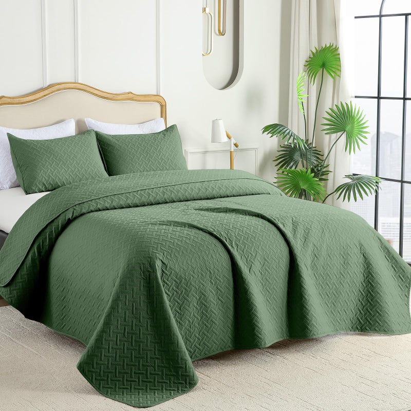 FLYMME Olive Green Twin Quilt Bedding Set Thin Lightweight Bedspreads Modern Style Geometric Weave Stripe Pattern Soft Microfiber Bed Coverlet for All Season (1 Quilt  1Sham) - Image 2