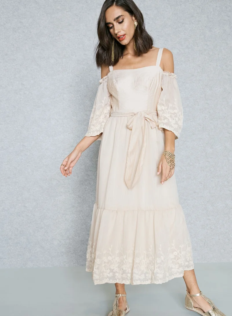 Femi9 Embroidered Cold Shoulder Self Tie Dress