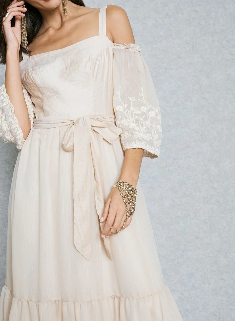 Femi9 Embroidered Cold Shoulder Self Tie Dress