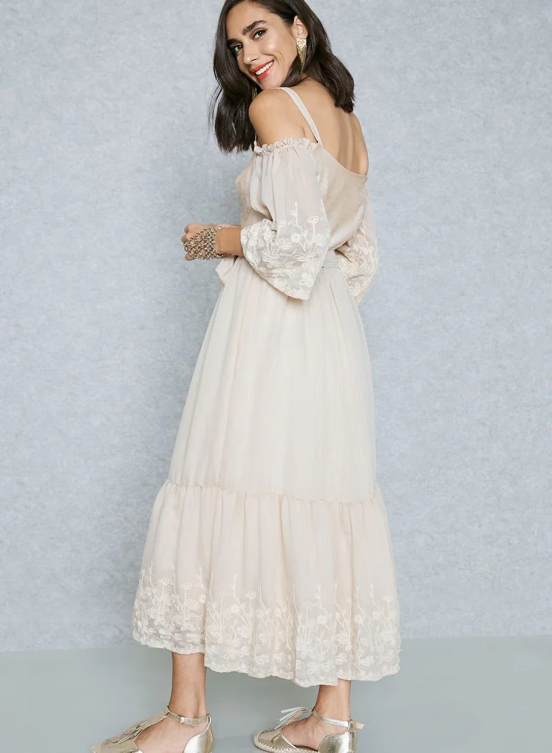 Femi9 Embroidered Cold Shoulder Self Tie Dress