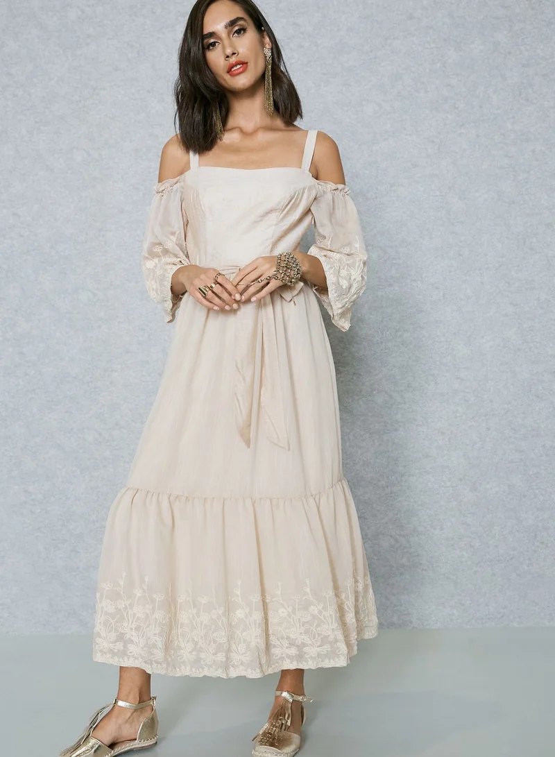 Femi9 Embroidered Cold Shoulder Self Tie Dress