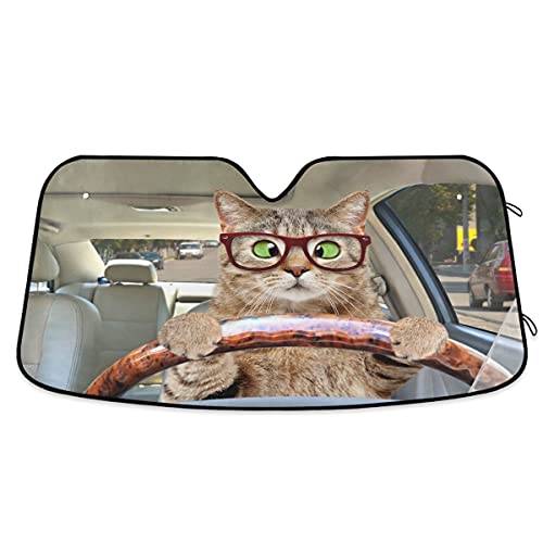Bolaz Cat Driving Car Car Front Windshield Sun Shade, Funny Accordion Folding Auto Sunshade Blocks UV Rays Sun Visor Protector - Image 1