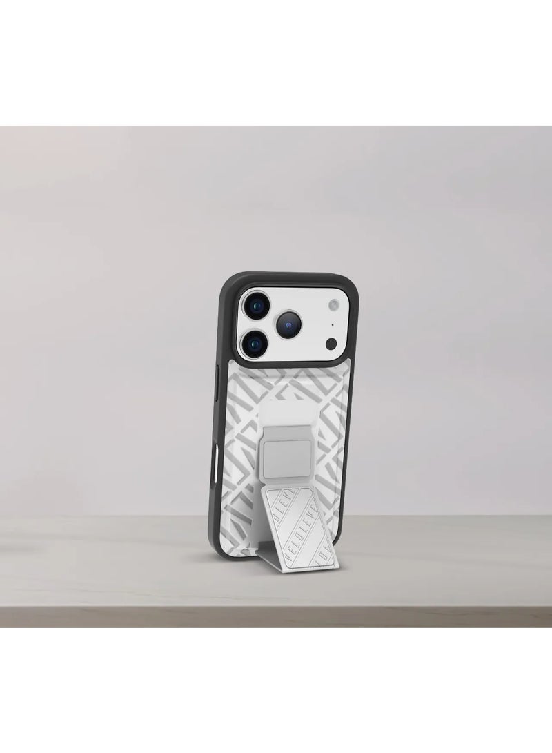 LEVELO iPhone 17 Pro Case Morphix Cuero Gripstand With Magnetic Strap For Secure Hold & Horizontal & Vertical Stand / Raised Edges / One-Hand Grip / Shock-Resistant Bumper / Luxury Printed Branding Back Cover / Slim Fit Design - Silverstone - Image 5